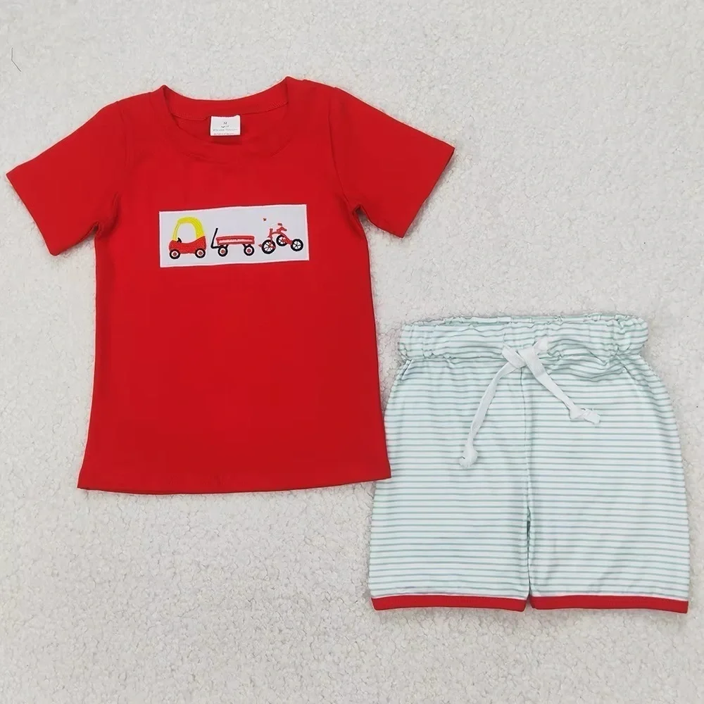 Coupe car smock embroidered set shorts tee toddler boy toys bike wagon applique